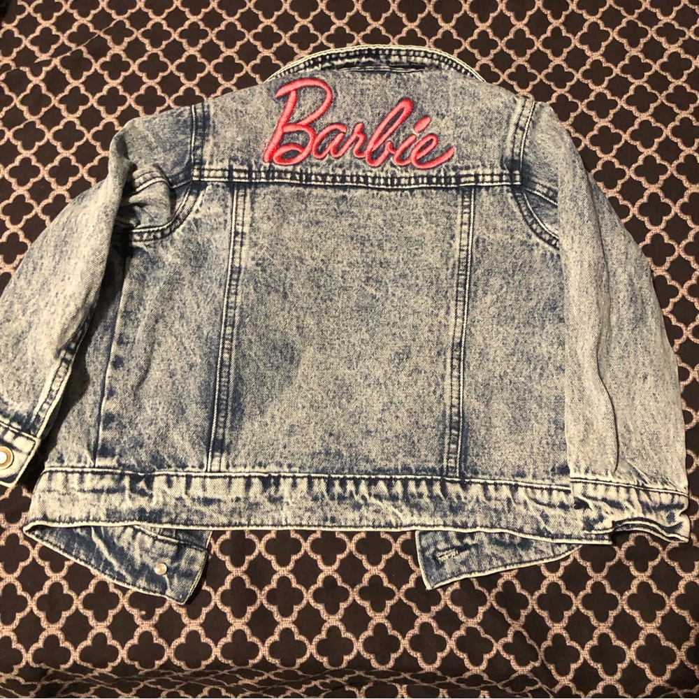 Barbie Embroidered Denim Jean Jacket Acid Washed Girls Size XS Pink Spellout